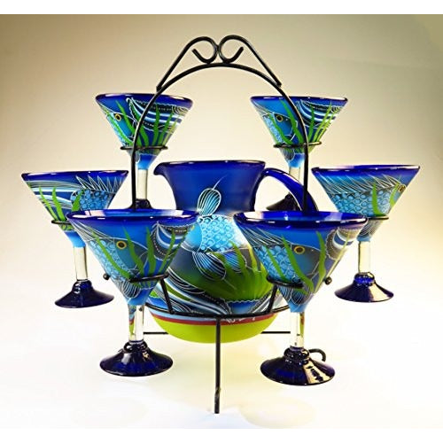 Crafted Creations Set of 2 Green and Blue Floral Hand Painted Margarita  Drinking Glasses 12 oz. 